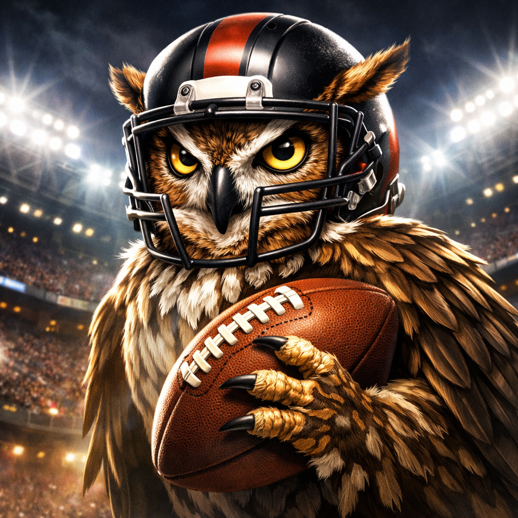 Majestic owl in football helmet holding football